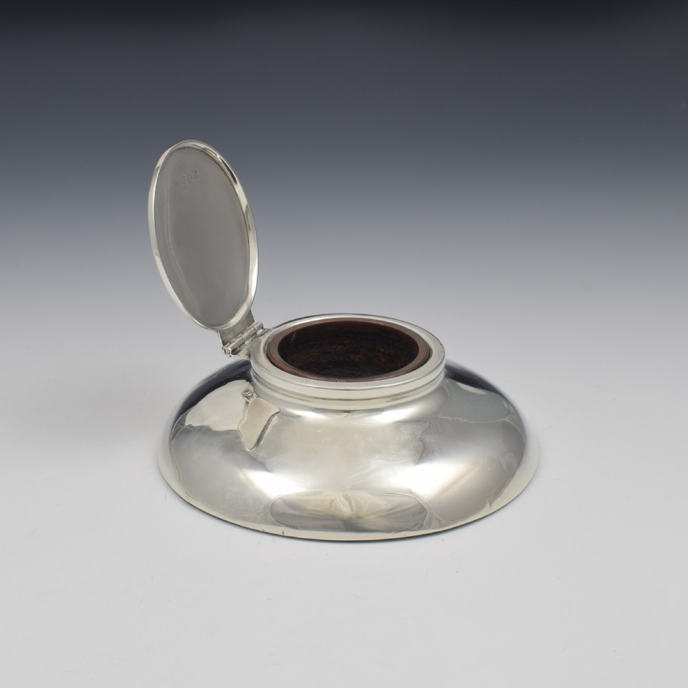Stylish Large Low Profile Circular Silver Inkwell Art Deco 1919 View V