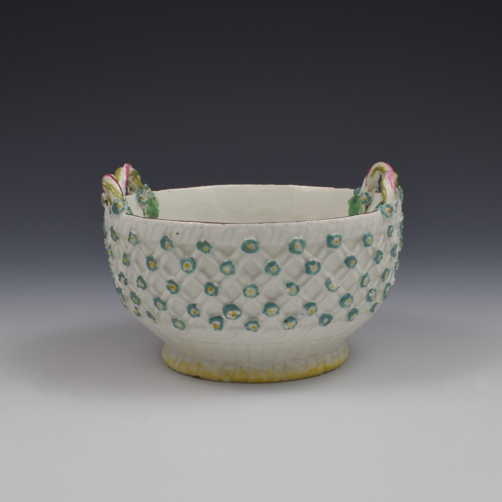 Rare Derby Porcelain Flower Moulded Twin Handled Basket / Bowl c.1760 View IV