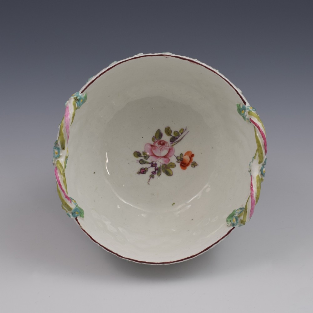 Rare Derby Porcelain Flower Moulded Twin Handled Basket / Bowl c.1760 View VI