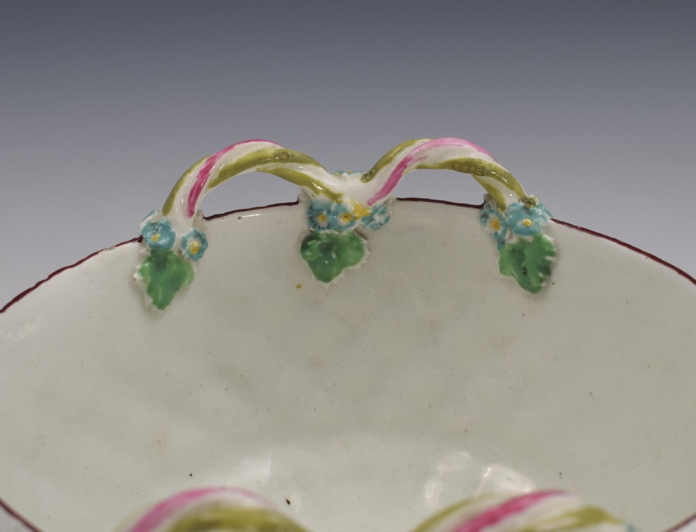 Rare Derby Porcelain Flower Moulded Twin Handled Basket / Bowl c.1760 View IX