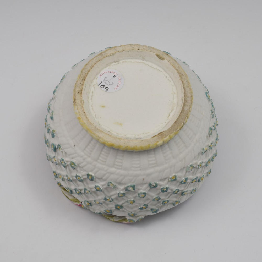 Rare Derby Porcelain Flower Moulded Twin Handled Basket / Bowl c.1760 View X