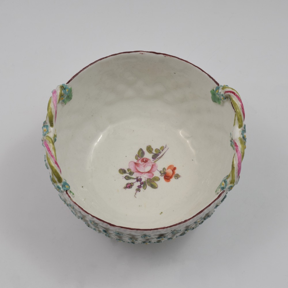 Rare Derby Porcelain Flower Moulded Twin Handled Basket / Bowl c.1760 View XI