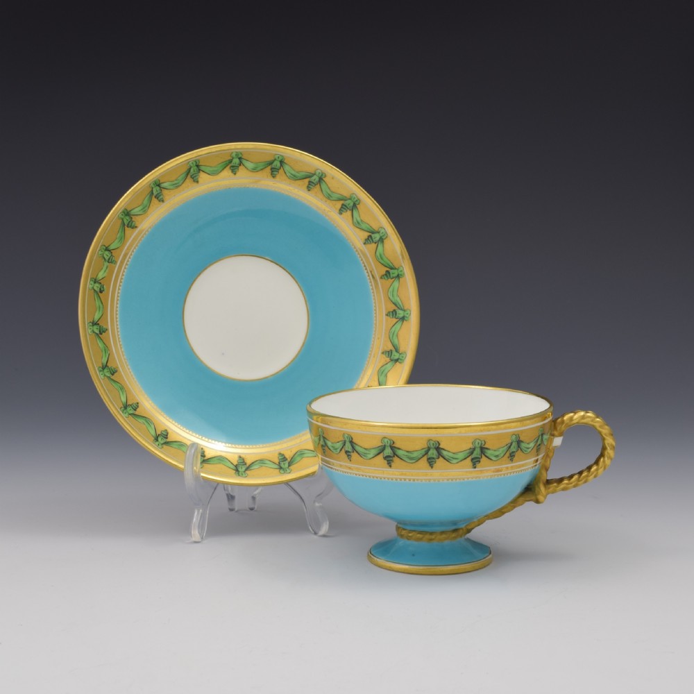 Brown-Westhead Moore Porcelain Turquoise Rope Handle Tea Cup & Saucer
