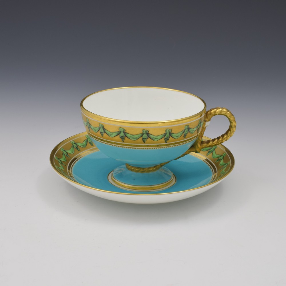Brown-Westhead Moore Porcelain Turquoise Rope Handle Tea Cup & Saucer View II