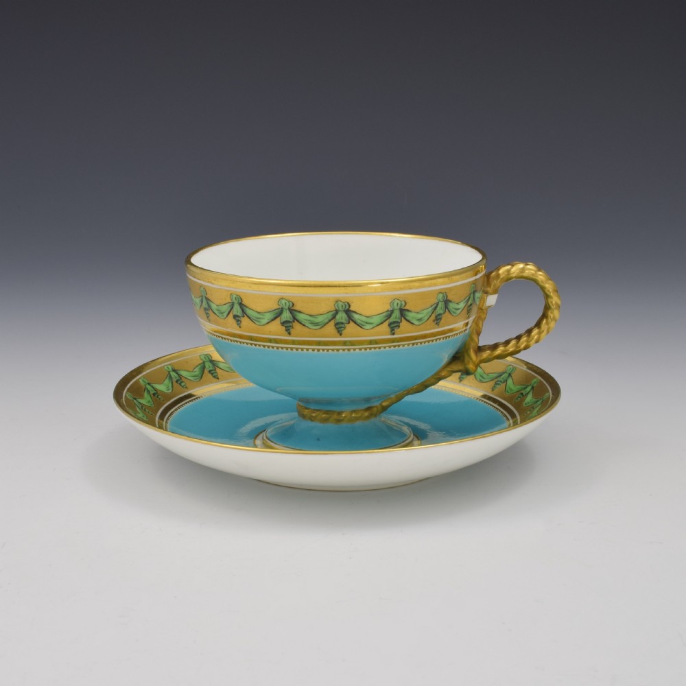 Brown-Westhead Moore Porcelain Turquoise Rope Handle Tea Cup & Saucer View III