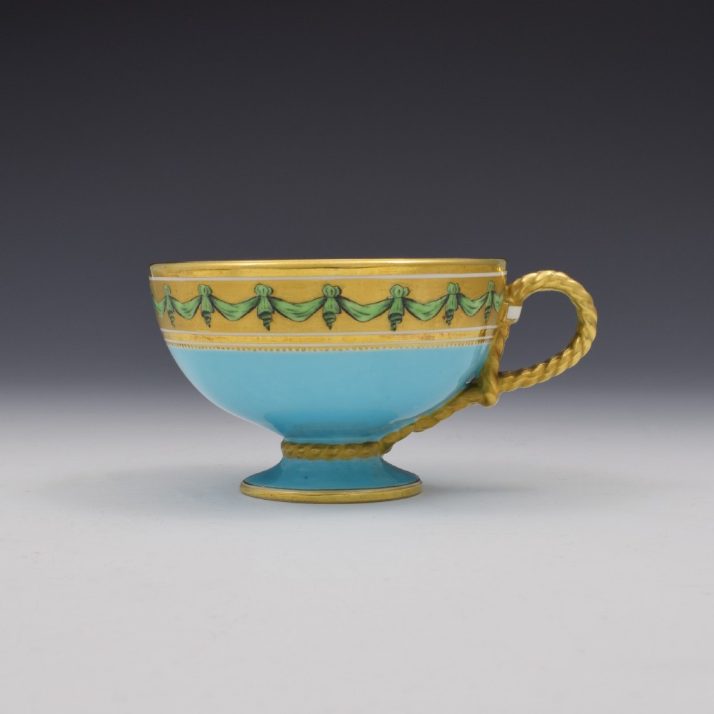 Brown-Westhead Moore Porcelain Turquoise Rope Handle Tea Cup & Saucer View V