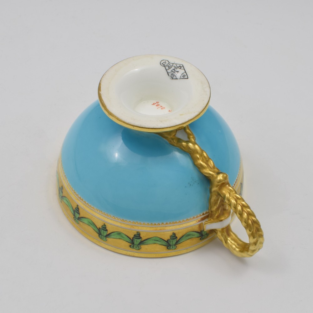 Brown-Westhead Moore Porcelain Turquoise Rope Handle Tea Cup & Saucer View X