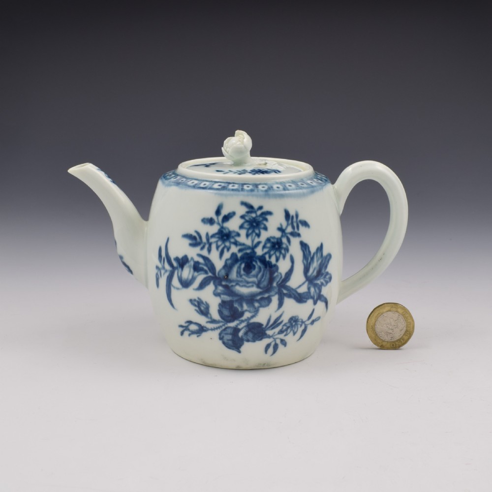 Worcester Porcelain Miniature Blue & White Barrel Teapot Rose Centred Spray c.1770 View II