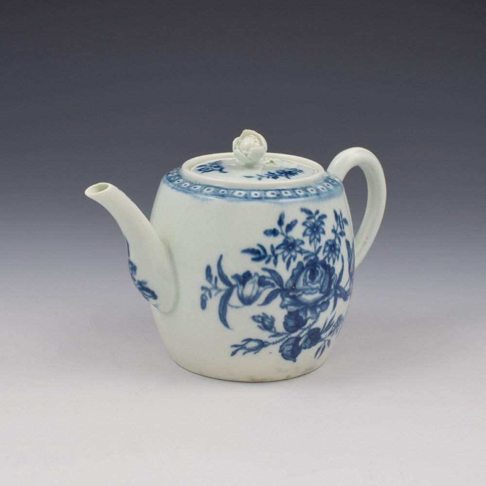 Worcester Porcelain Miniature Blue & White Barrel Teapot Rose Centred Spray c.1770 View III
