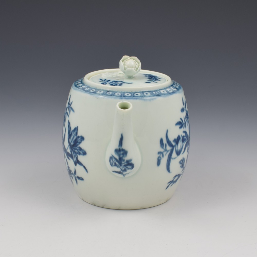 Worcester Porcelain Miniature Blue & White Barrel Teapot Rose Centred Spray c.1770 View IV