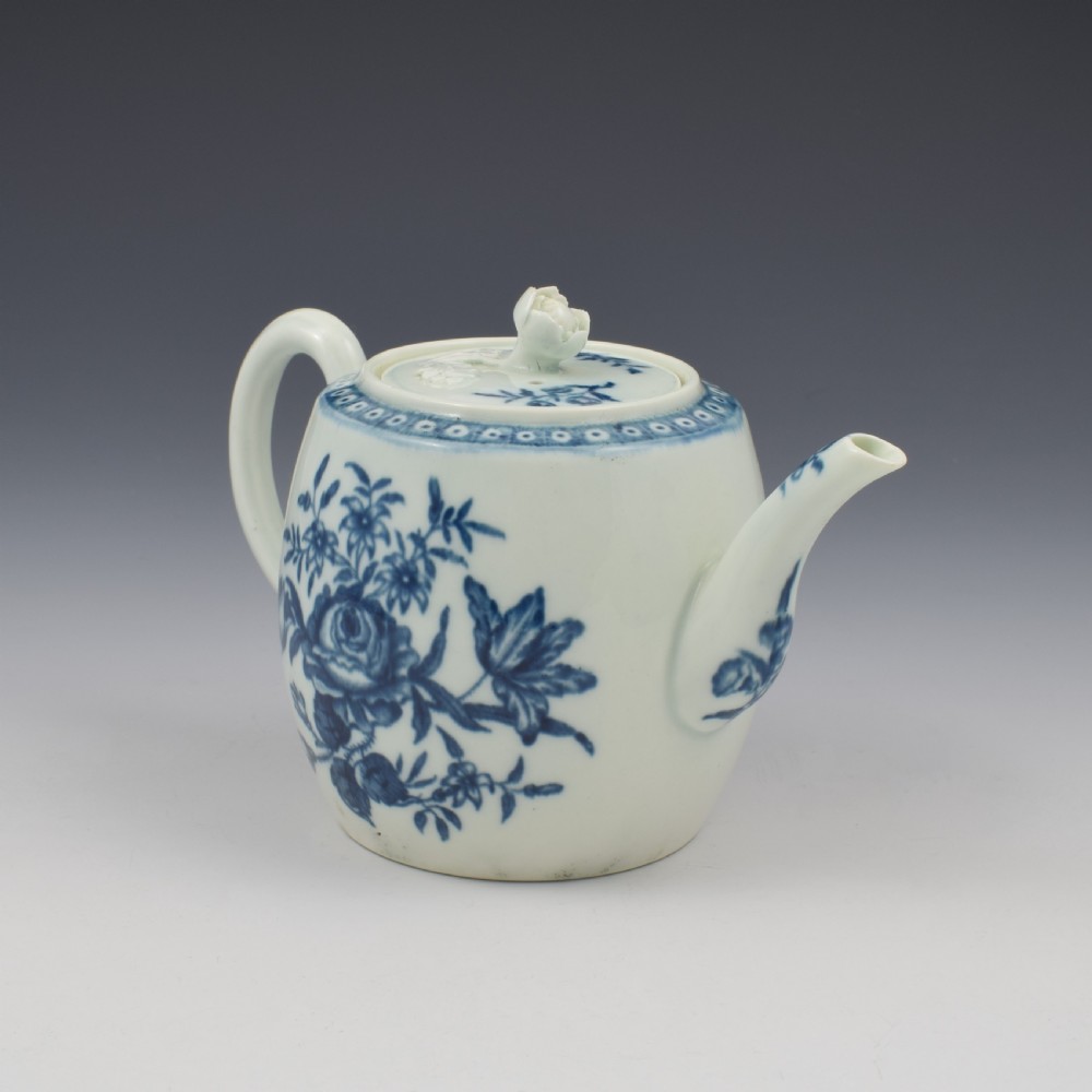 Worcester Porcelain Miniature Blue & White Barrel Teapot Rose Centred Spray c.1770 View V