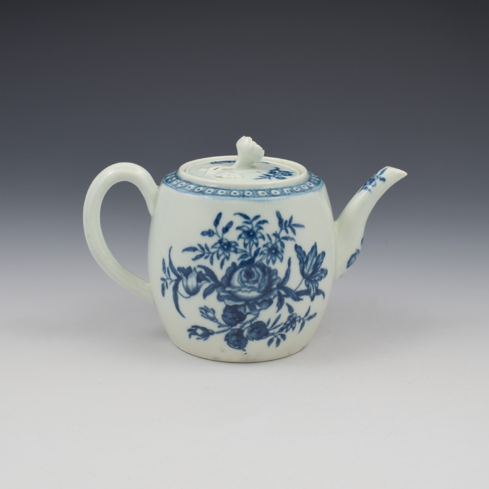 Worcester Porcelain Miniature Blue & White Barrel Teapot Rose Centred Spray c.1770 View VI