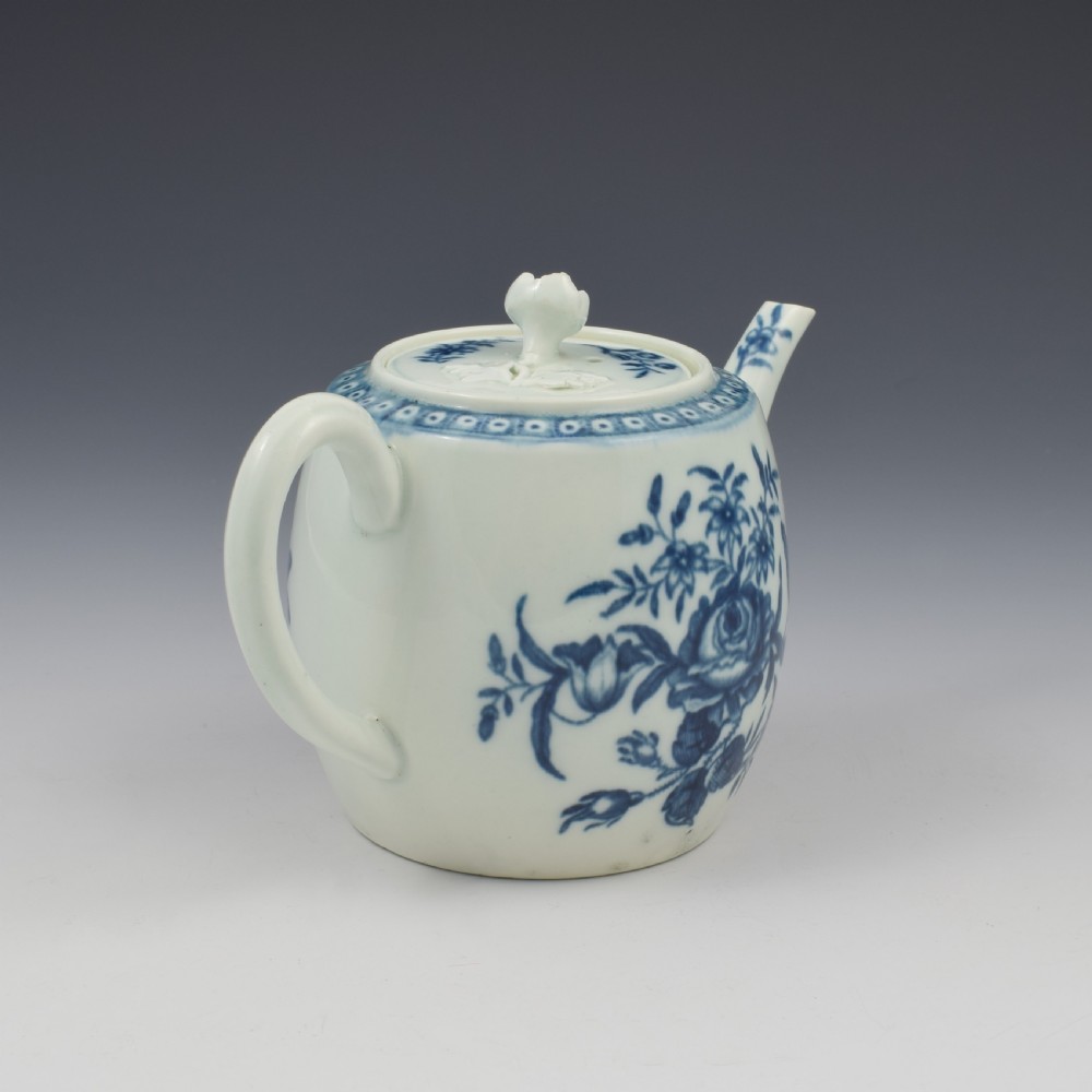 Worcester Porcelain Miniature Blue & White Barrel Teapot Rose Centred Spray c.1770 View VII