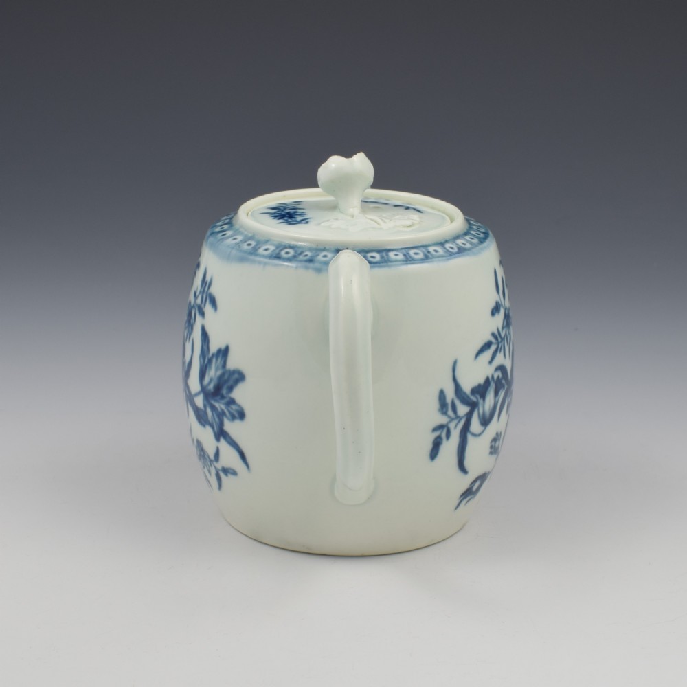 Worcester Porcelain Miniature Blue & White Barrel Teapot Rose Centred Spray c.1770 View VIII