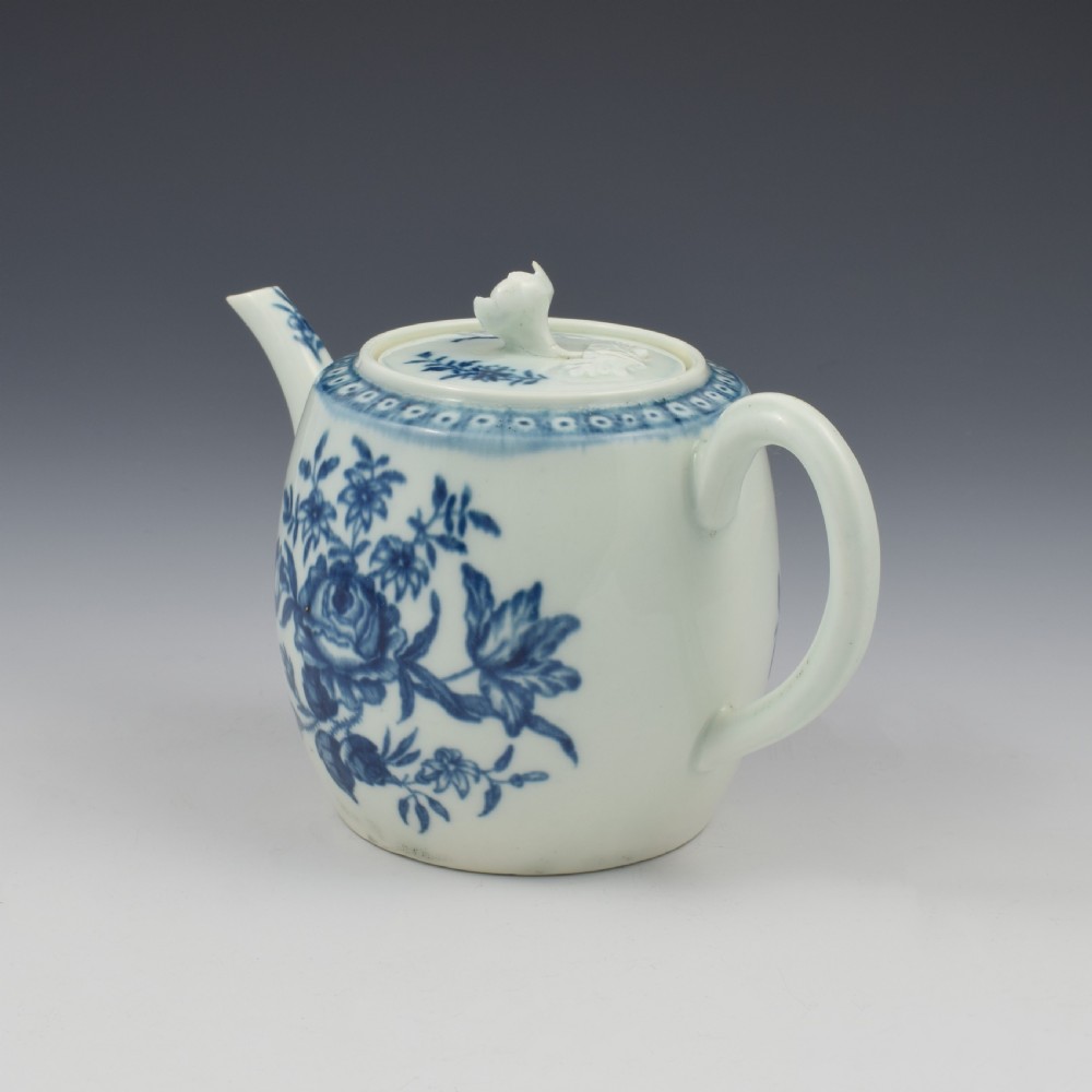 Worcester Porcelain Miniature Blue & White Barrel Teapot Rose Centred Spray c.1770 View IX