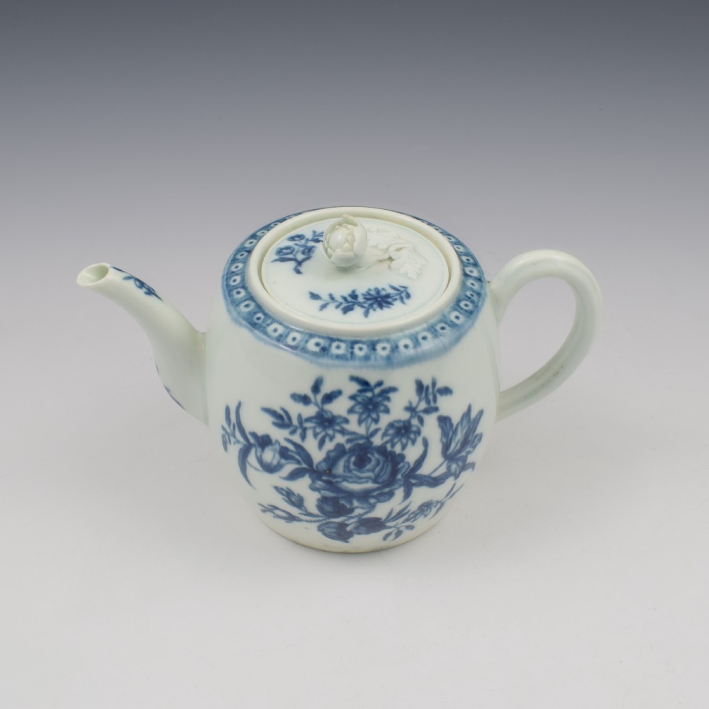 Worcester Porcelain Miniature Blue & White Barrel Teapot Rose Centred Spray c.1770 View X