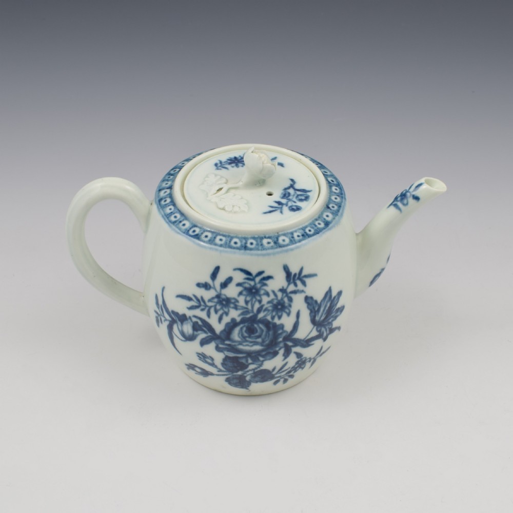 Worcester Porcelain Miniature Blue & White Barrel Teapot Rose Centred Spray c.1770 View XI