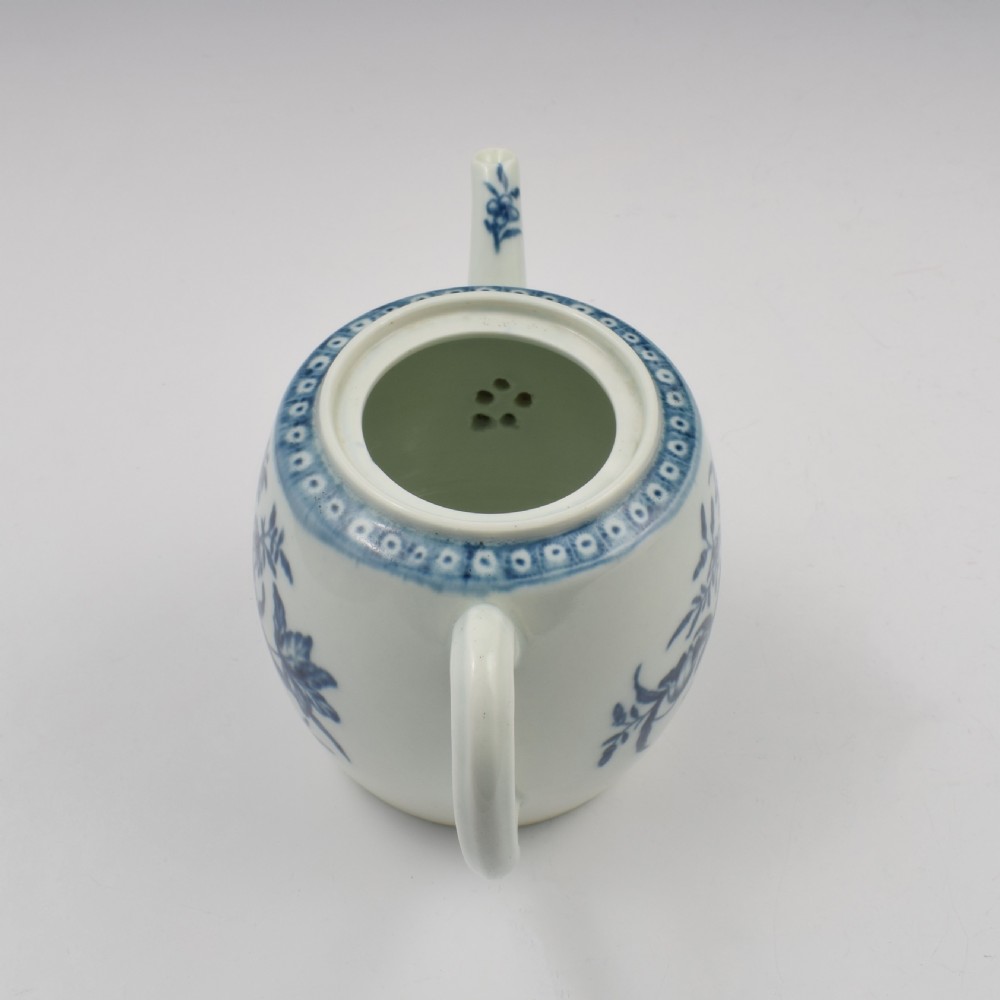 Worcester Porcelain Miniature Blue & White Barrel Teapot Rose Centred Spray c.1770 View XVI