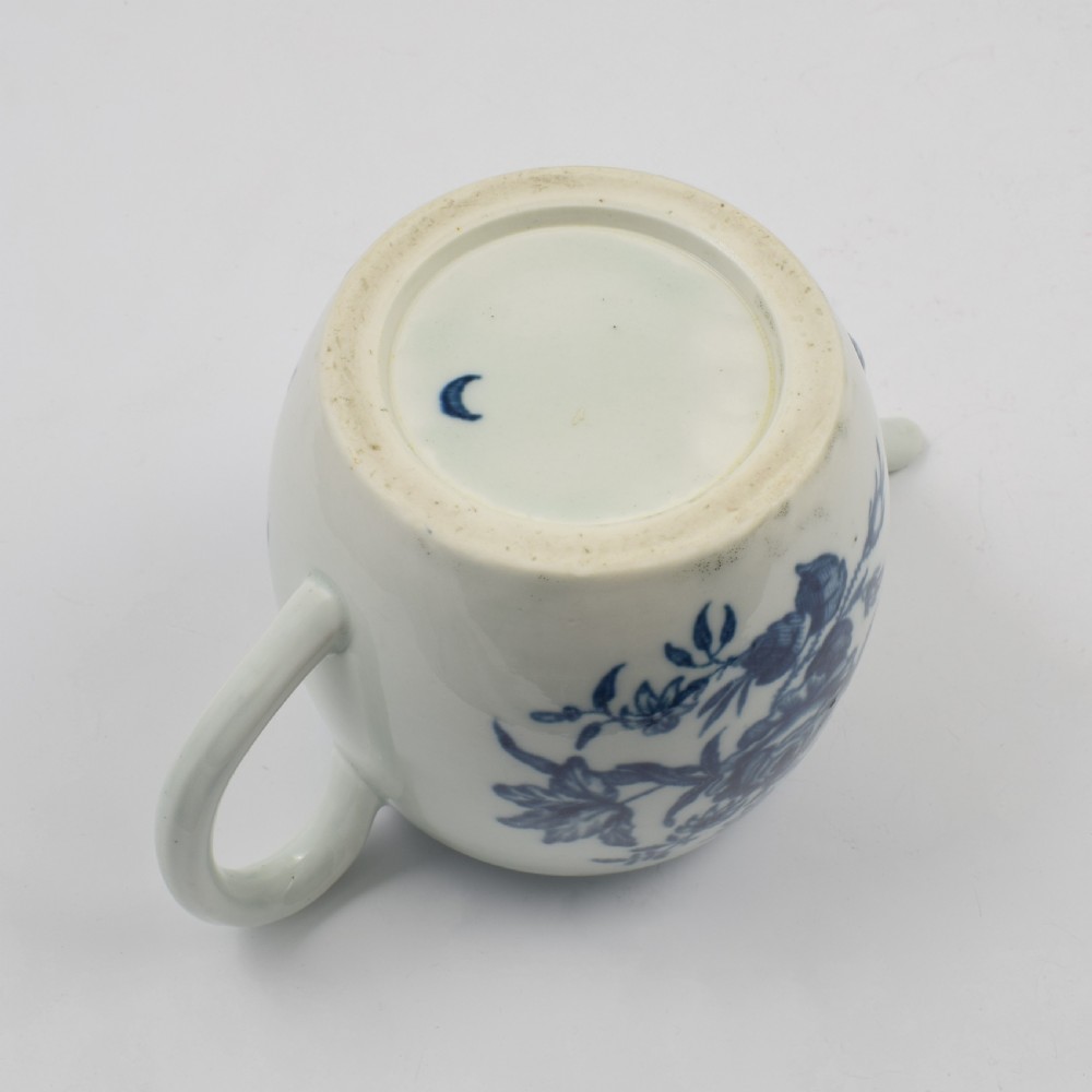 Worcester Porcelain Miniature Blue & White Barrel Teapot Rose Centred Spray c.1770 View XVII
