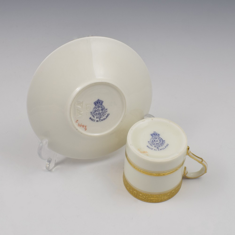 Royal Worcester Art Deco Porcelain Miniature Tooled Gilt Coffee Can & Saucer View XI