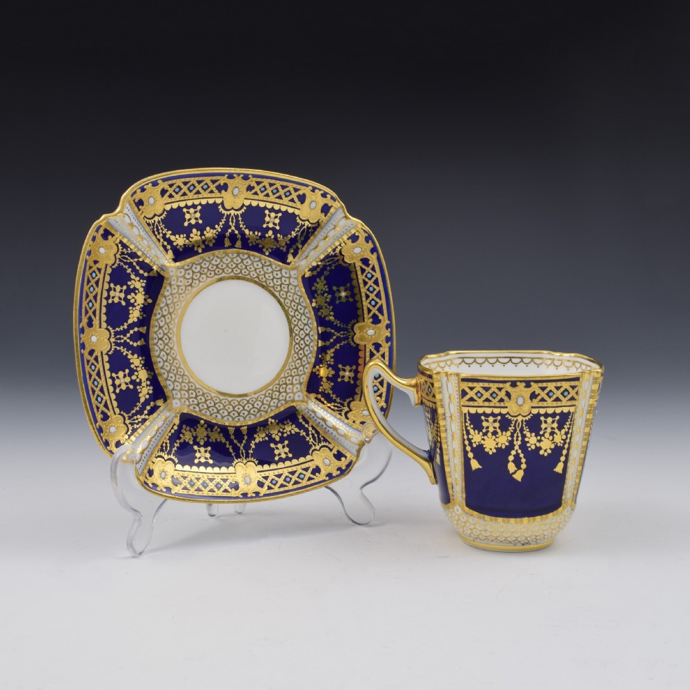 Edwardian Copeland Porcelain Jewelled Demitasse Coffee Cup & Saucer