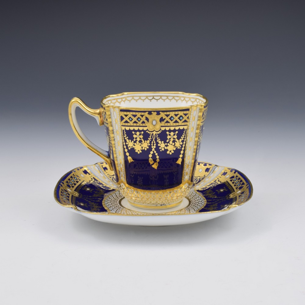 Edwardian Copeland Porcelain Jewelled Demitasse Coffee Cup & Saucer View IX