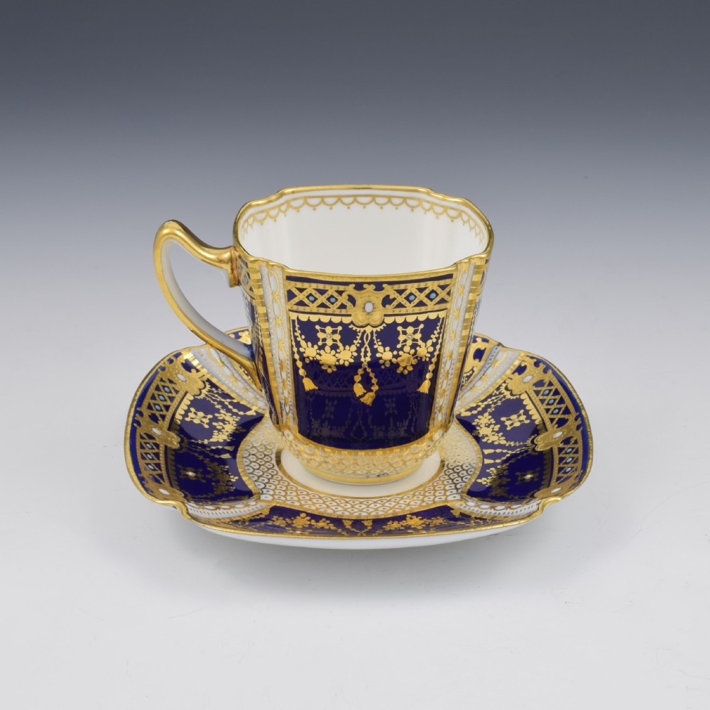 Edwardian Copeland Porcelain Jewelled Demitasse Coffee Cup & Saucer View X