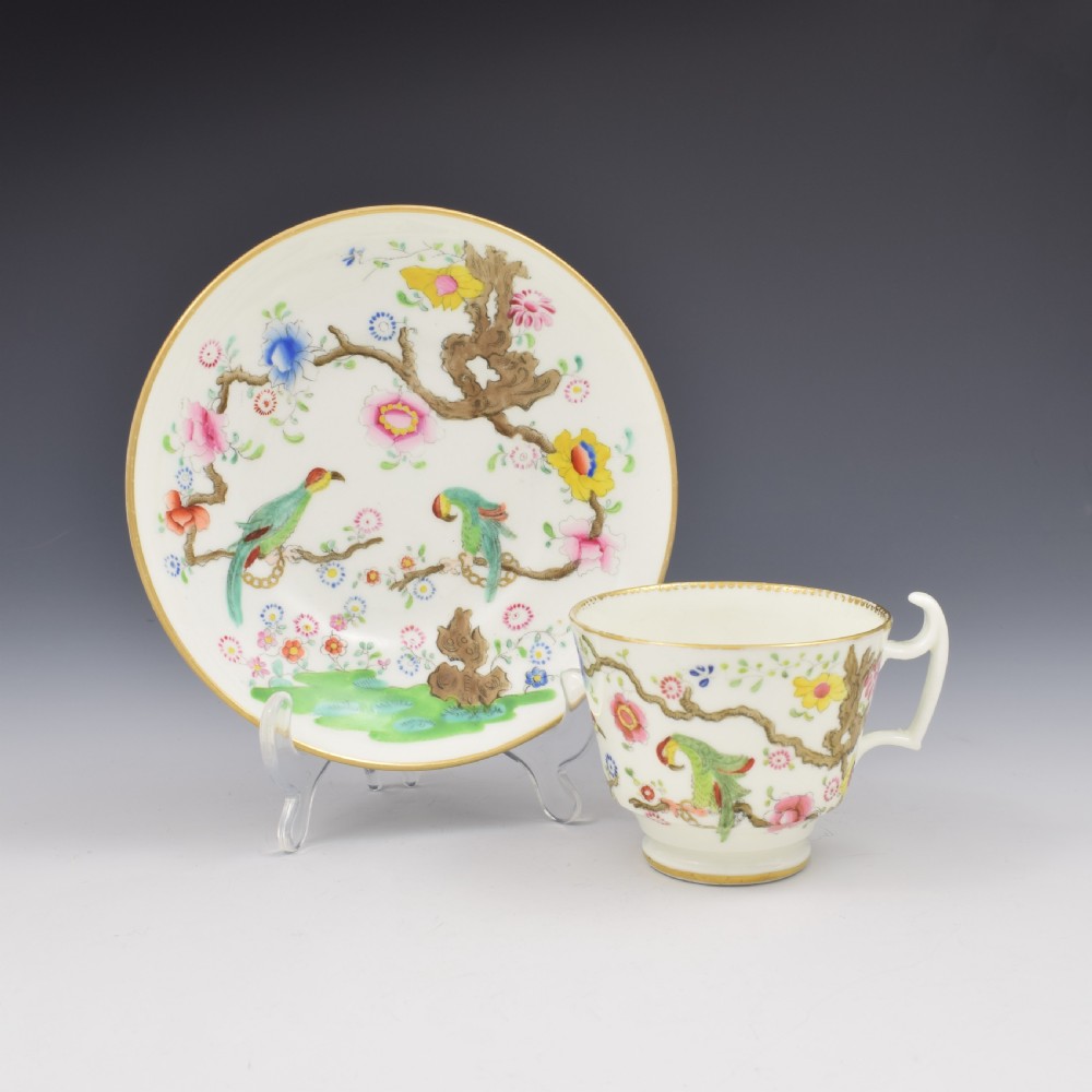 Swansea Porcelain Parakeets In A Tree Coffee Cup & Saucer c.1815