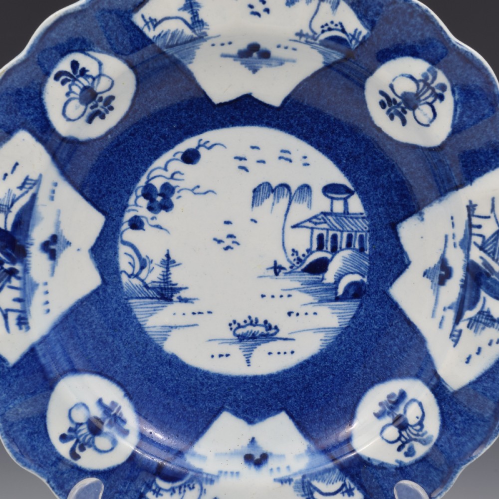Bow Porcelain Powder Blue Fan Landscape Small Dessert Dish / Plate c.1758-1762 View II