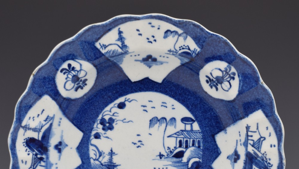 Bow Porcelain Powder Blue Fan Landscape Small Dessert Dish / Plate c.1758-1762 View III