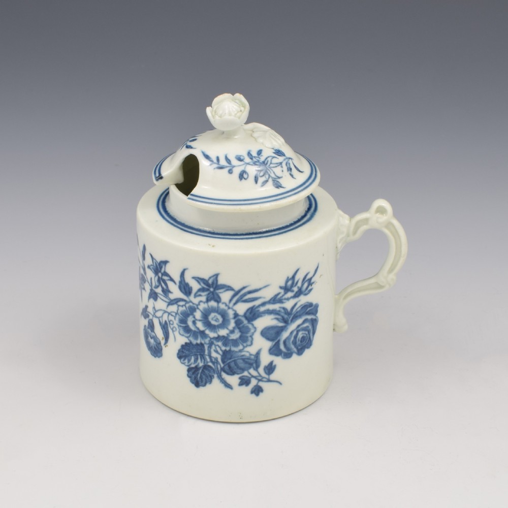 First Period Worcester Porcelain Three Flowers Wet Mustard Pot & Cover c.1770