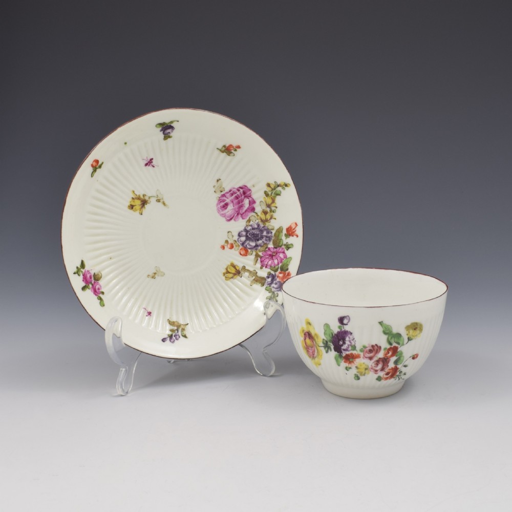 Early Derby Porcelain Ribbed Fluted Tea Bowl & Saucer c.1760