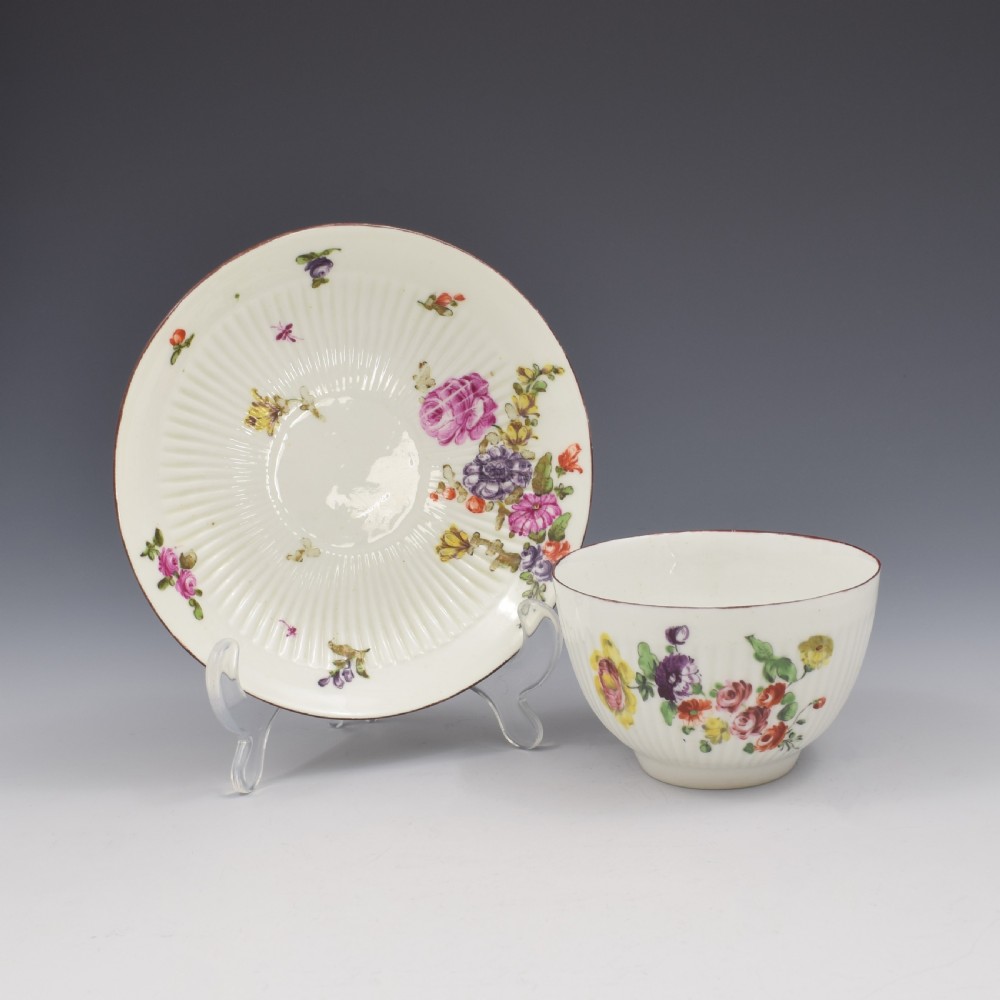 Early Derby Porcelain Ribbed Fluted Tea Bowl & Saucer c.1760 View II