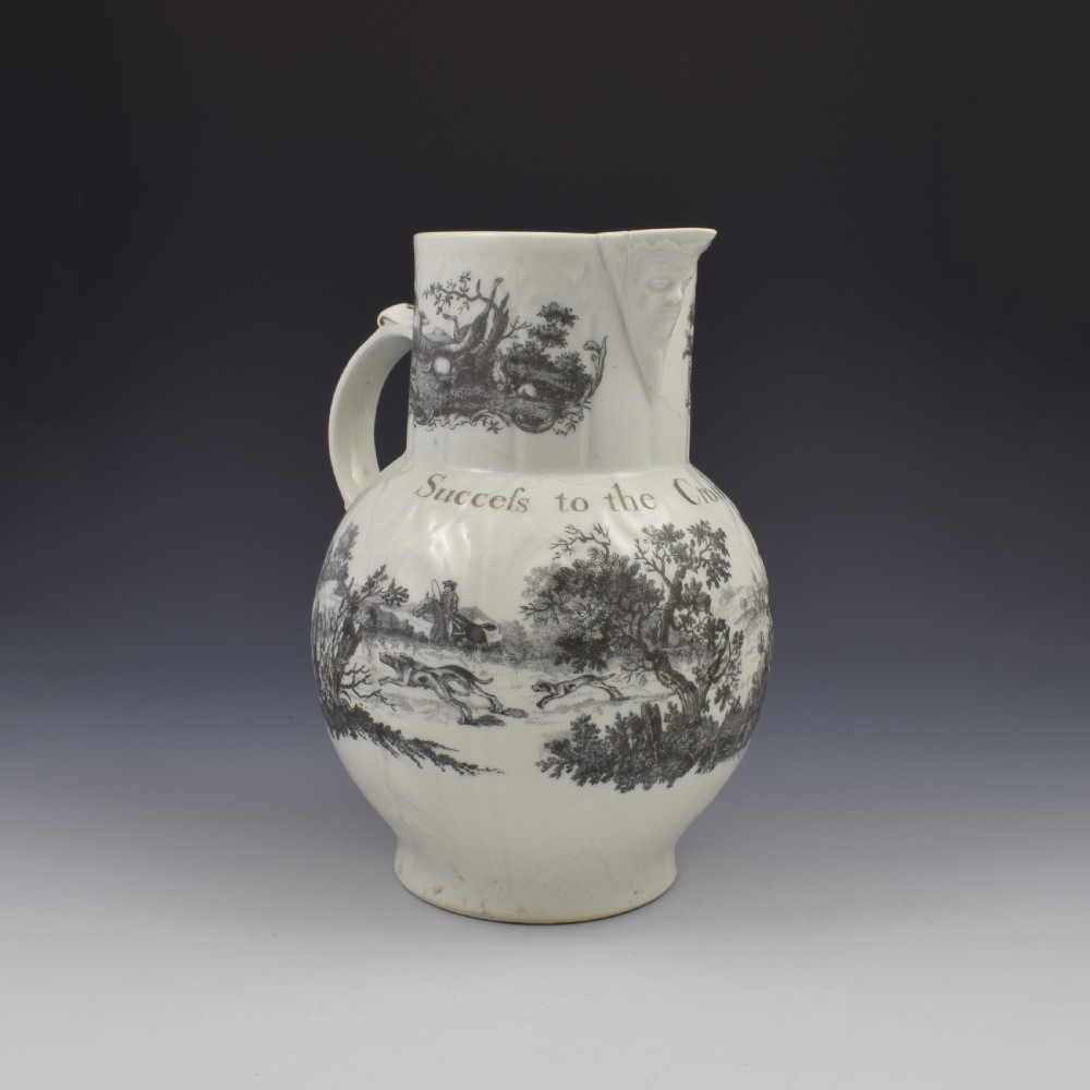 Rare First Period Worcester Porcelain Hancock Printed Mask Jug Success To The Crosby Hunt  View II