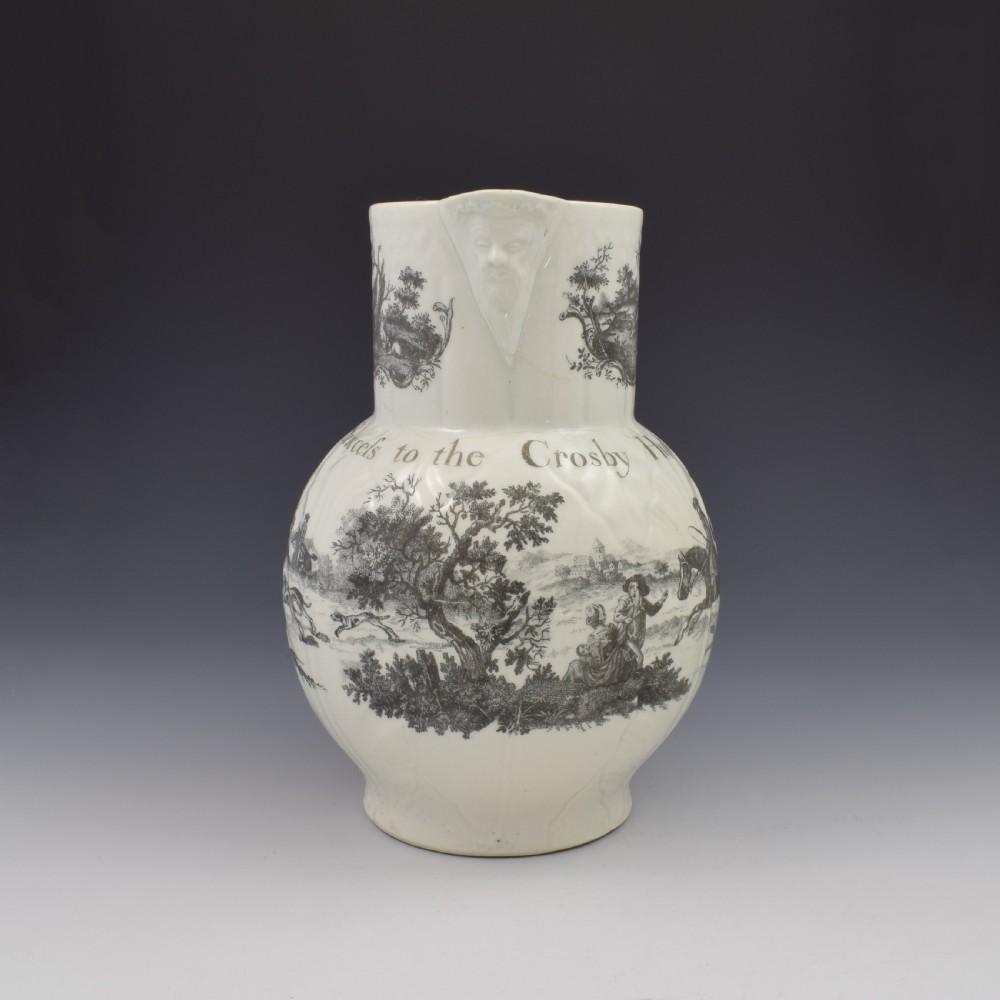 Rare First Period Worcester Porcelain Hancock Printed Mask Jug Success To The Crosby Hunt  View III