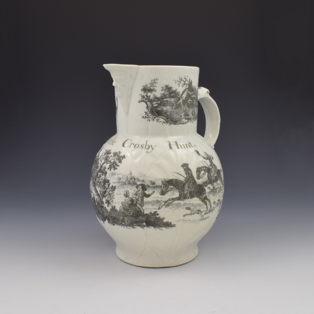 Rare First Period Worcester Porcelain Hancock Printed Mask Jug Success To The Crosby Hunt  View IV