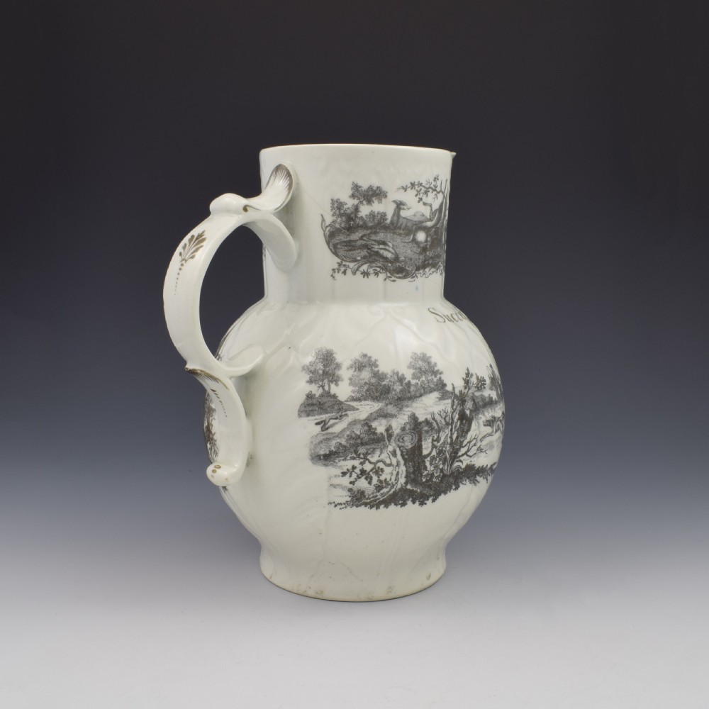 Rare First Period Worcester Porcelain Hancock Printed Mask Jug Success To The Crosby Hunt  View VIII