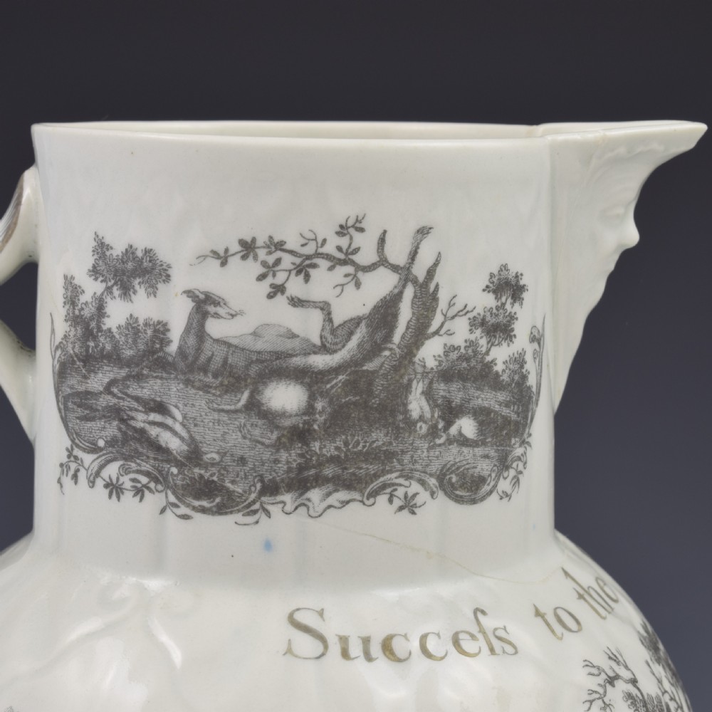 Rare First Period Worcester Porcelain Hancock Printed Mask Jug Success To The Crosby Hunt  View IX