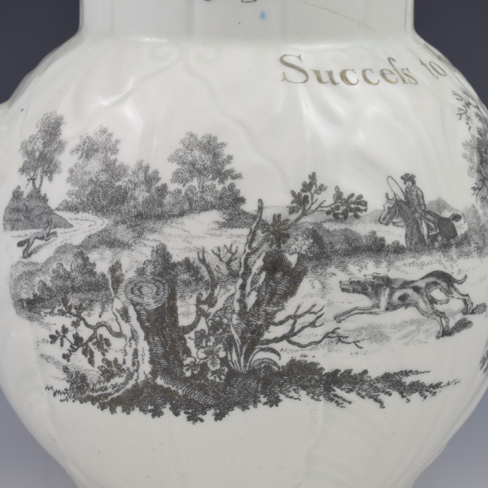 Rare First Period Worcester Porcelain Hancock Printed Mask Jug Success To The Crosby Hunt  View XI