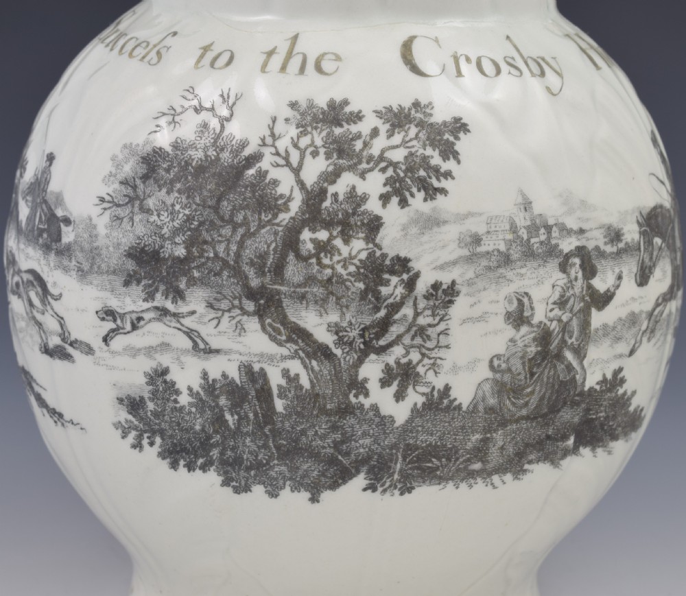 Rare First Period Worcester Porcelain Hancock Printed Mask Jug Success To The Crosby Hunt  View XII