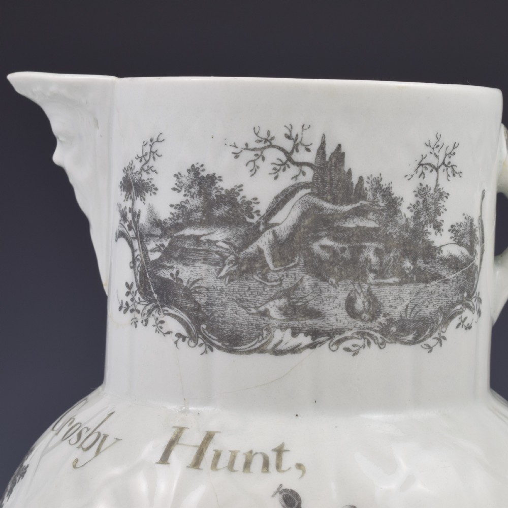 Rare First Period Worcester Porcelain Hancock Printed Mask Jug Success To The Crosby Hunt  View XVI