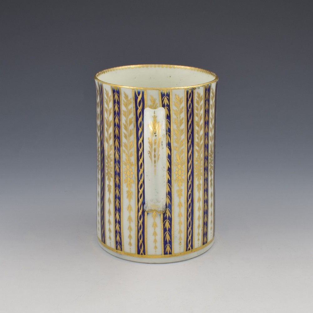 Large First Period Worcester Porcelain Striped Mug / Tankard c.1785 View IV