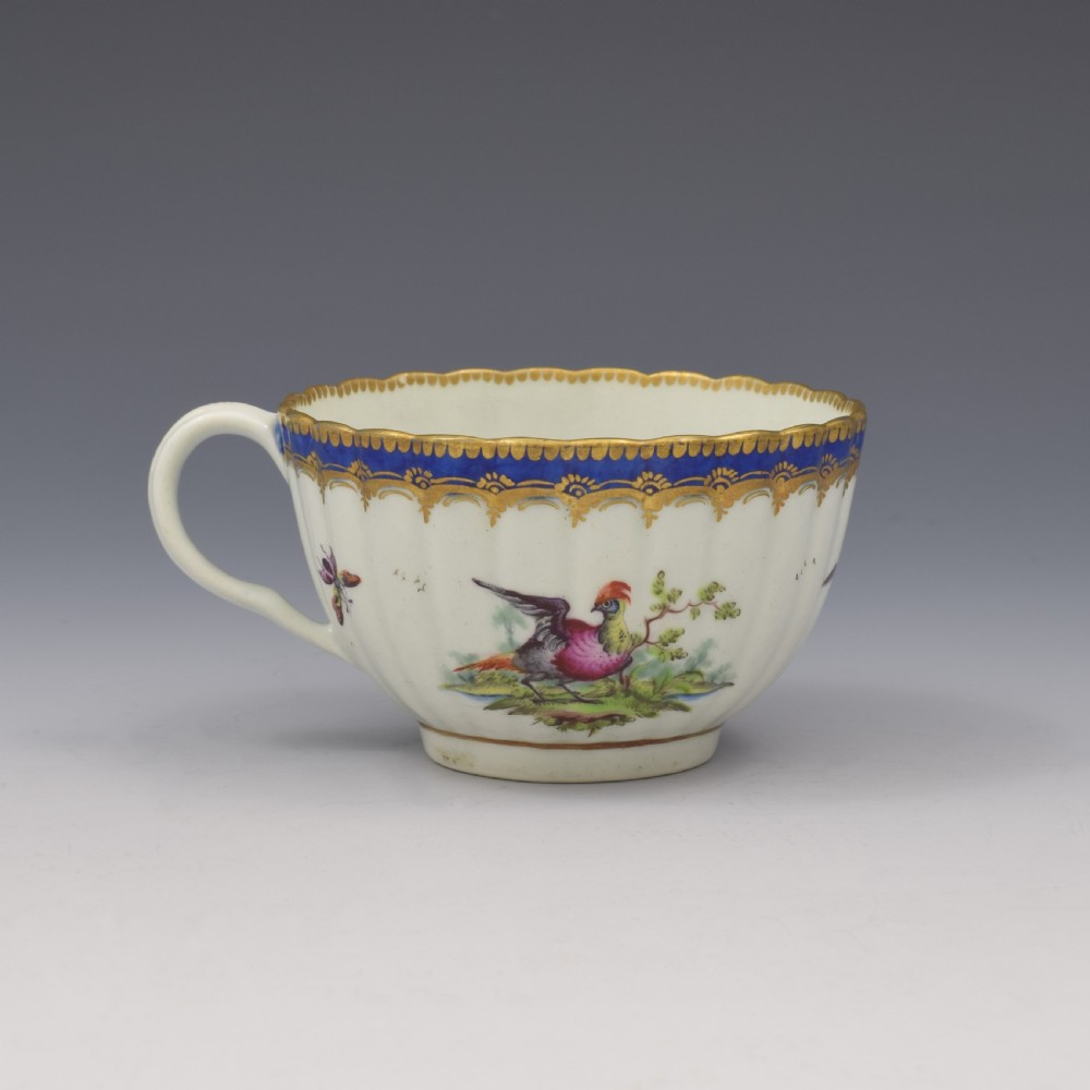 First Period Worcester Porcelain Fancy Birds Fluted Tea Cup c.1785 View III