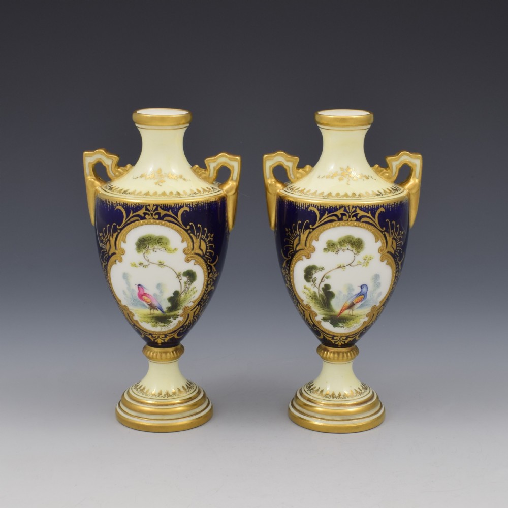 Pair Of Coalport Porcelain Vases Chelsea Birds Artist Signed F. Howard