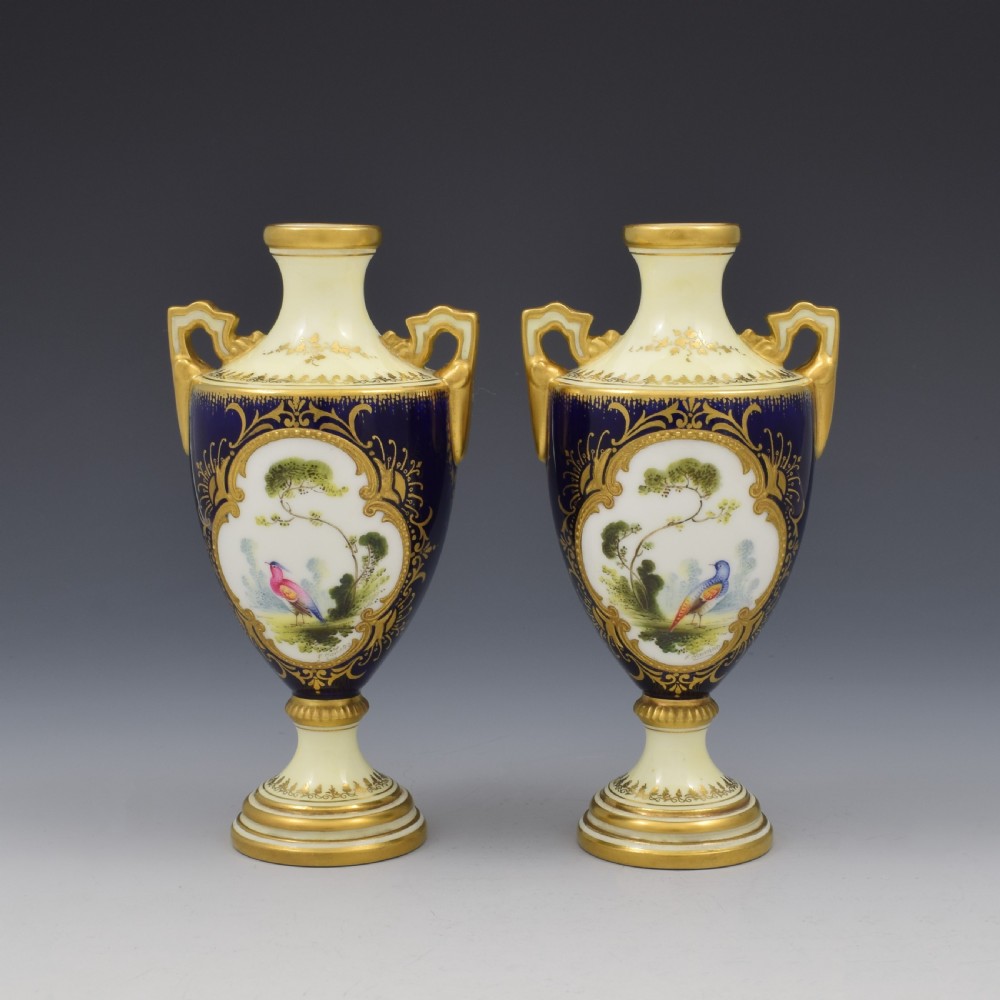 Pair Of Coalport Porcelain Vases Chelsea Birds Artist Signed F. Howard View II