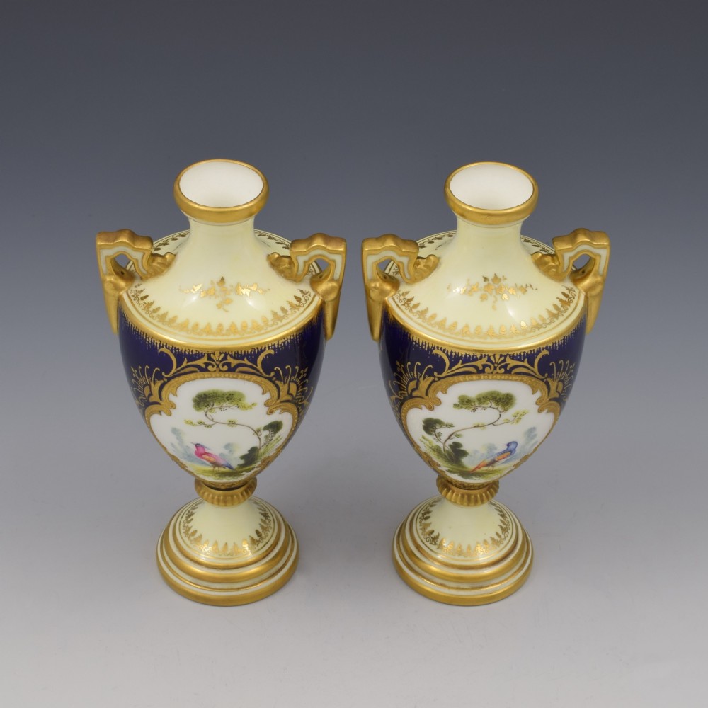 Pair Of Coalport Porcelain Vases Chelsea Birds Artist Signed F. Howard View XIV