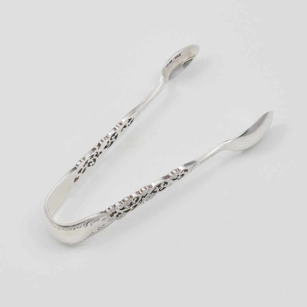 Fine & Pretty Pair Of Victorian Art Nouveau Pierced Silver Sugar Tongs View II