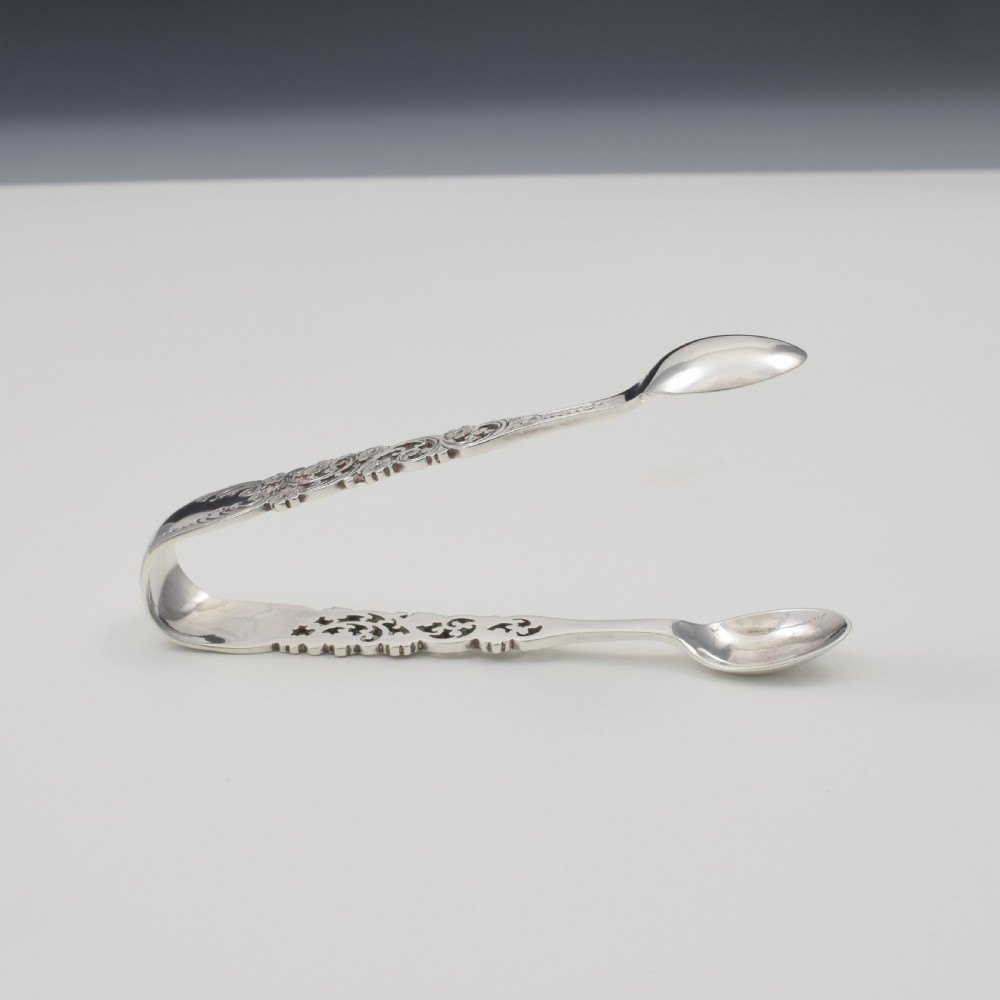 Fine & Pretty Pair Of Victorian Art Nouveau Pierced Silver Sugar Tongs View V