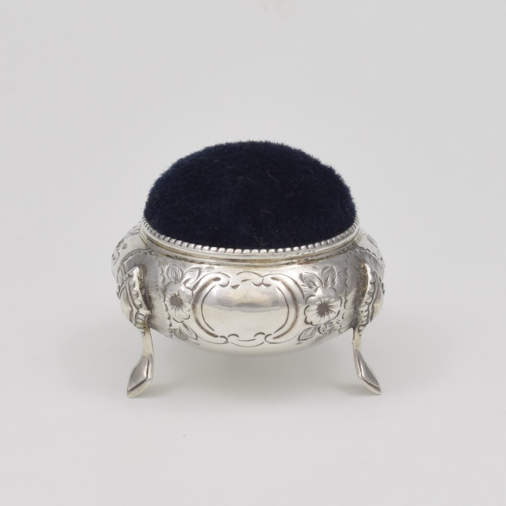 Pretty Victorian Embossed Silver Circular Pin Cushion  