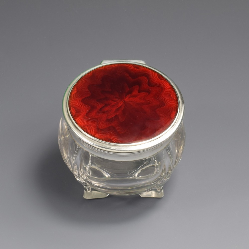Fine Austrian Red Guilloche Enamel Silver & Cut Glass Jar Georg Adam Scheid c.1900